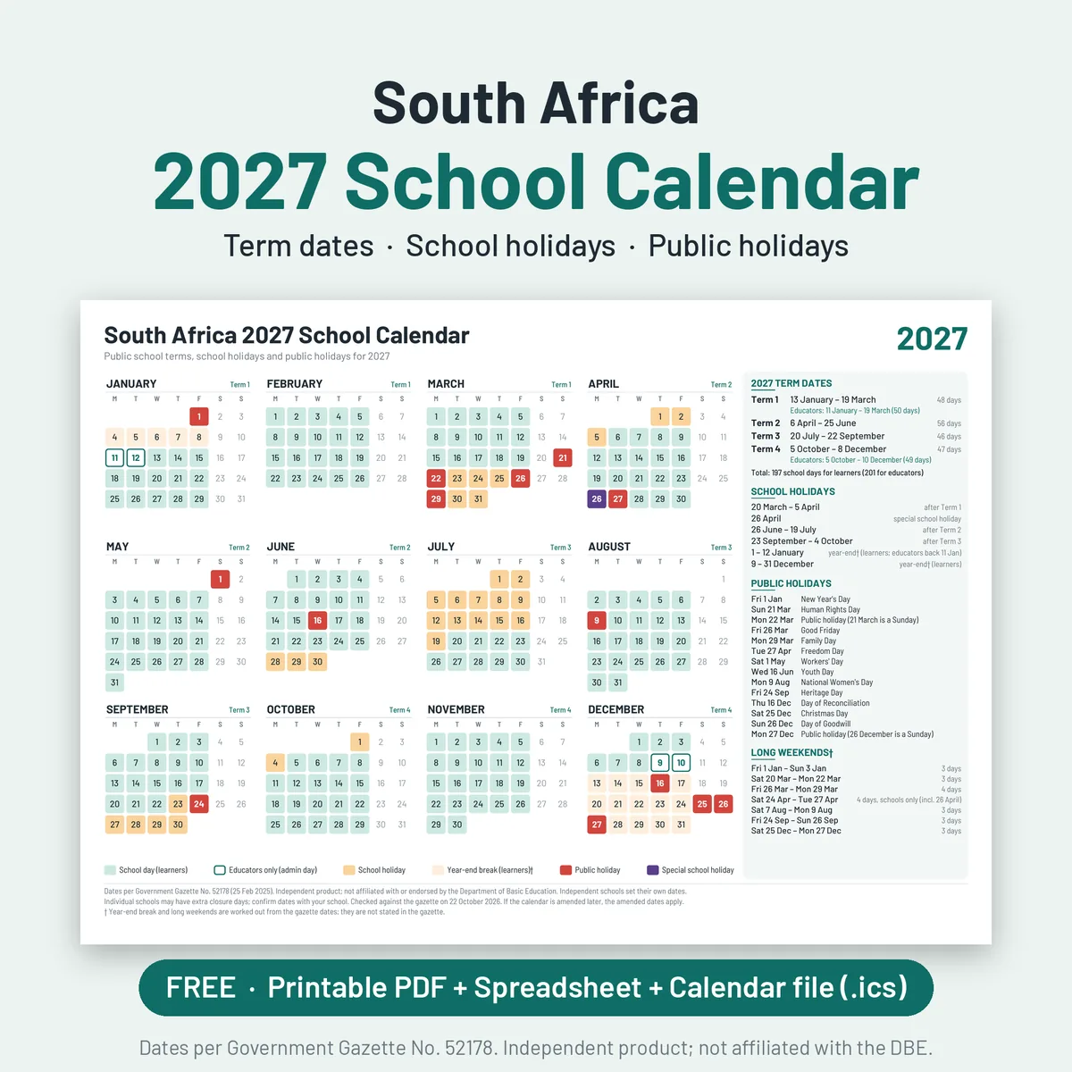 South Africa 2027 School Calendar: all 12 months on one page with term dates, school holidays and public holidays colour-coded
