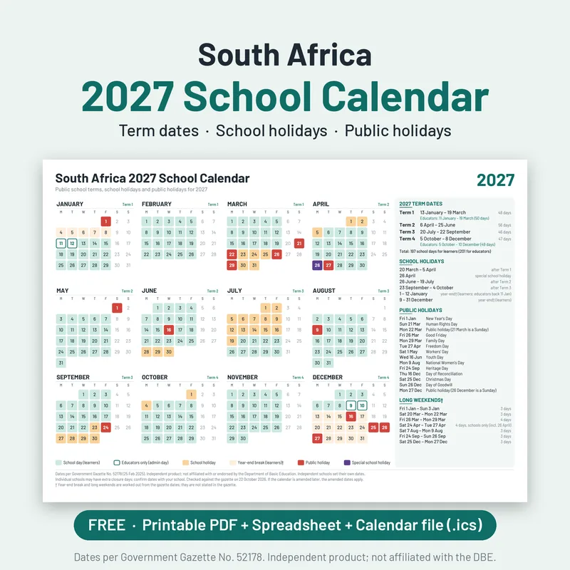 South Africa 2027 School Calendar cover showing all 12 months on one page