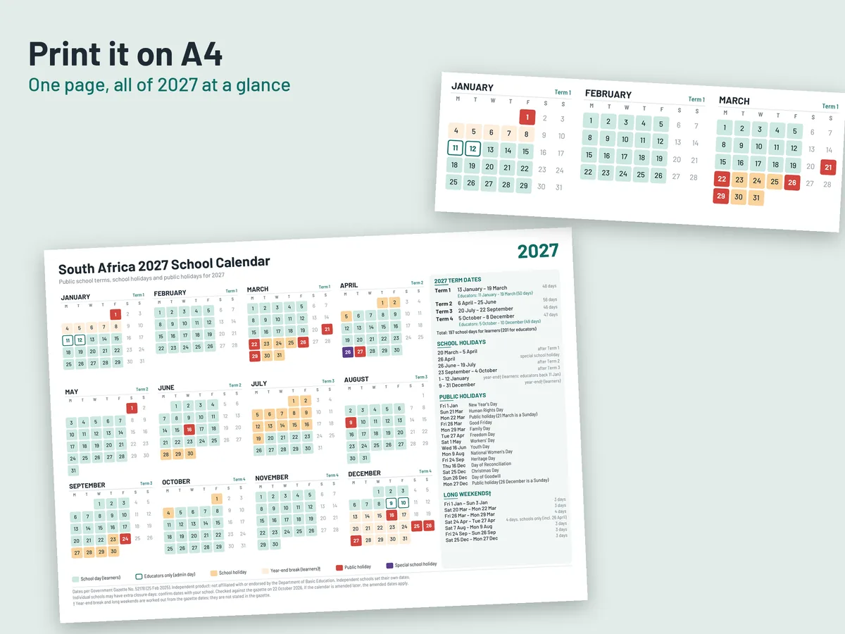 The calendar printed on A4: one page, all of 2027 at a glance