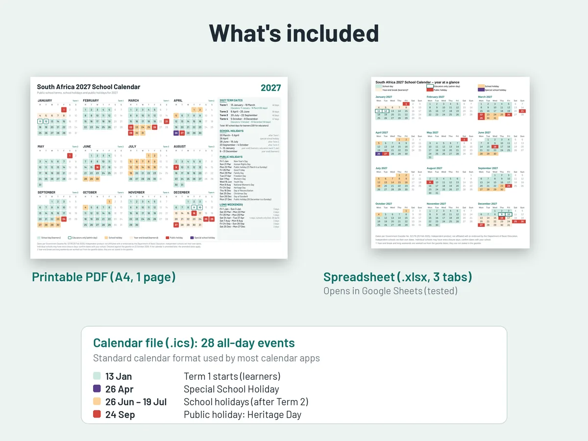 What's included: printable A4 PDF, 3-tab spreadsheet and a calendar file with 28 all-day events