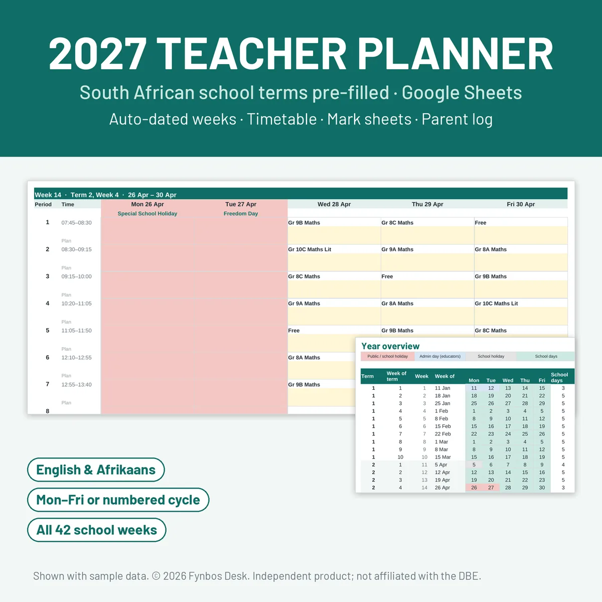 SA Teacher Planner 2027 cover: a weekly lesson planner with the 26 April special school holiday and Freedom Day blocked out, and a year overview of term weeks