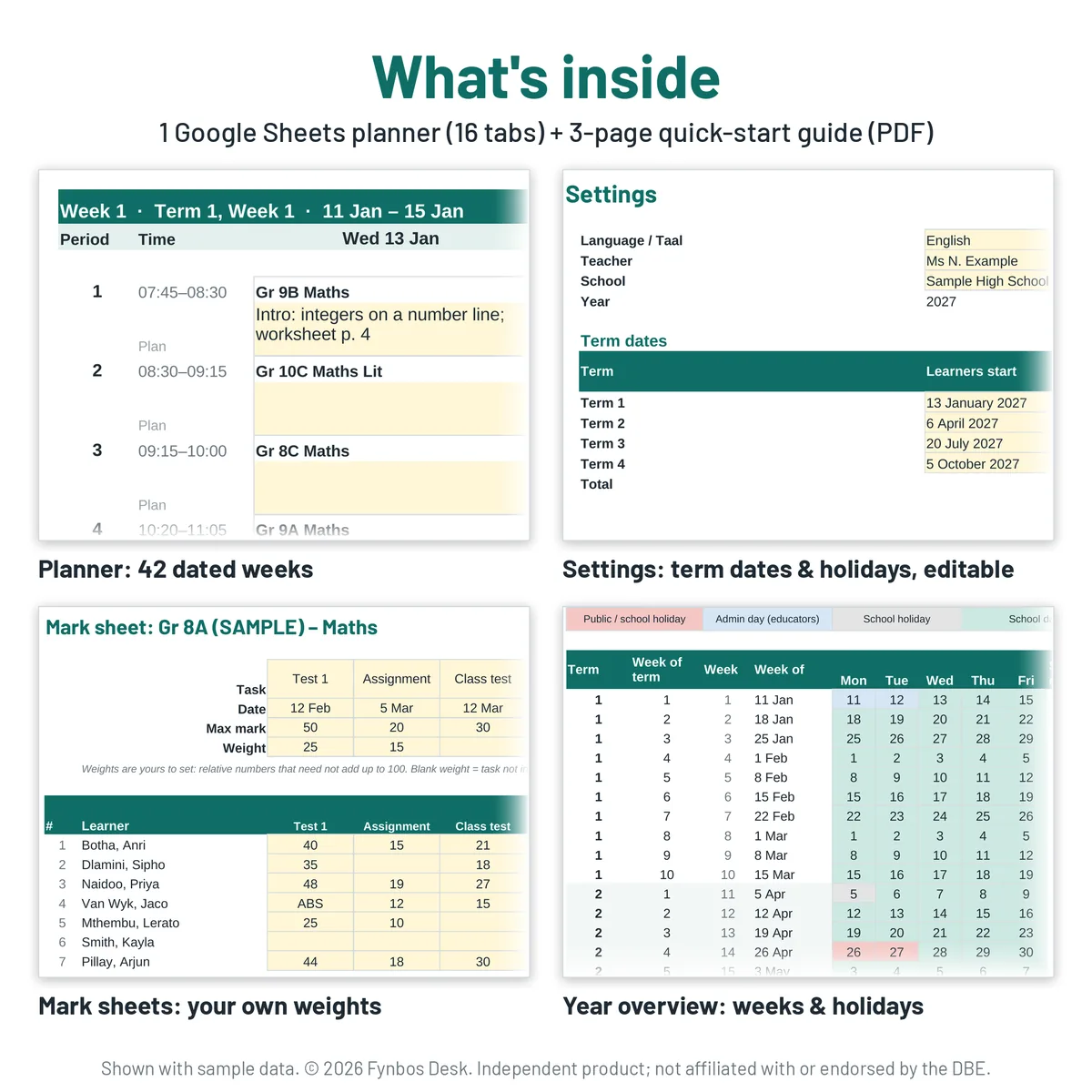 What's inside: the dated weekly planner, the Settings tab with 2027 term dates, a mark sheet with your own weights, and the year overview (shown with sample data)