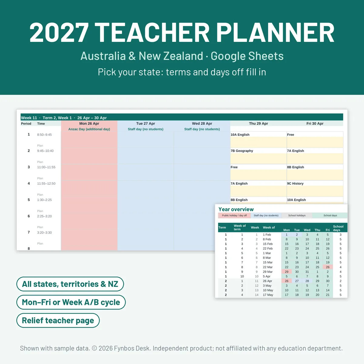 2027 Teacher Planner Australia & NZ cover: a weekly lesson planner with Anzac Day and staff days marked, and a year overview of term weeks