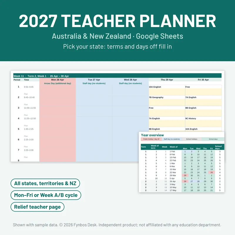 2027 Teacher Planner Australia and NZ cover: weekly lesson planner and year overview in Google Sheets