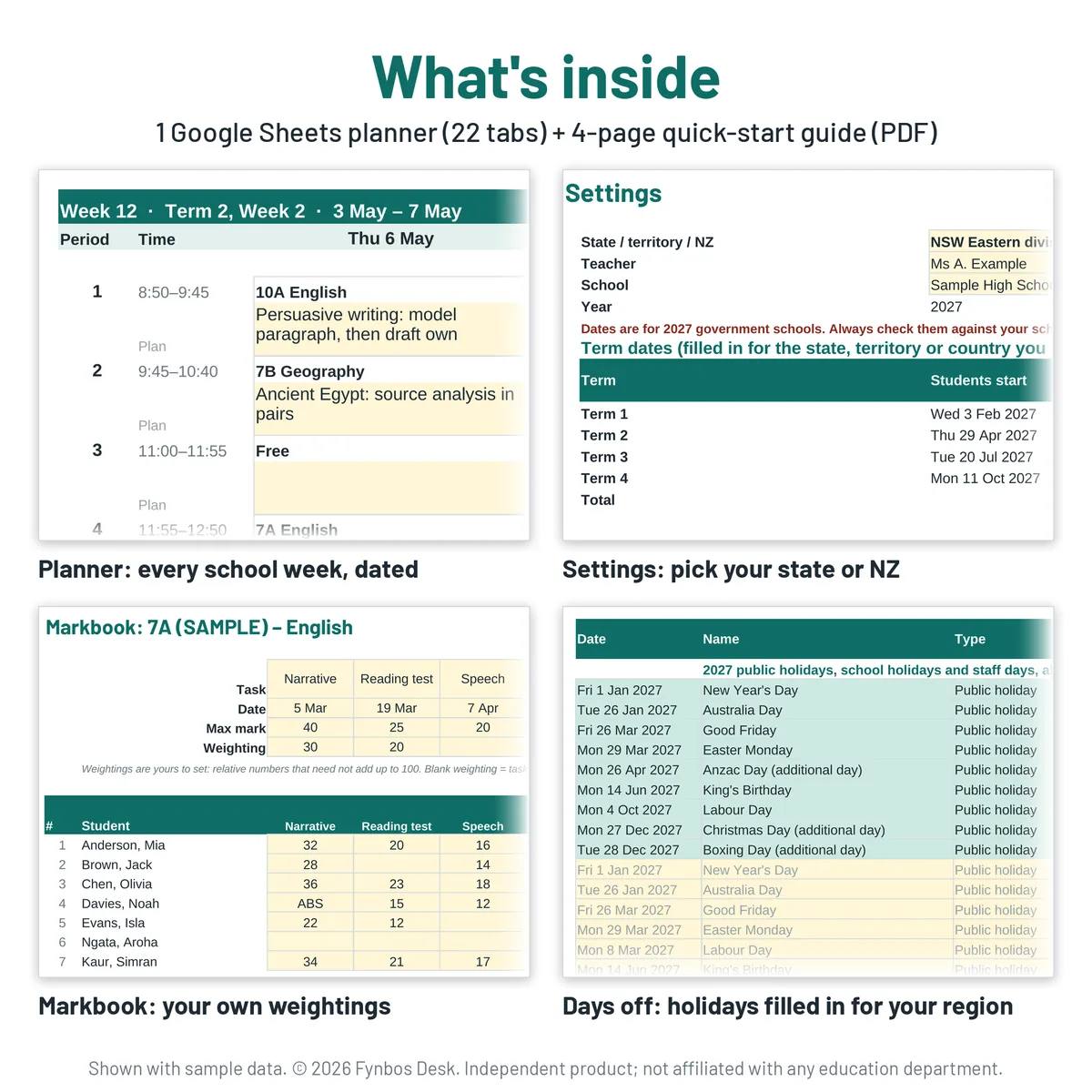 What's inside: the dated weekly planner, the Settings tab with a state picker, a markbook with your own weightings, and the Days off list of 2027 holidays (shown with sample data)